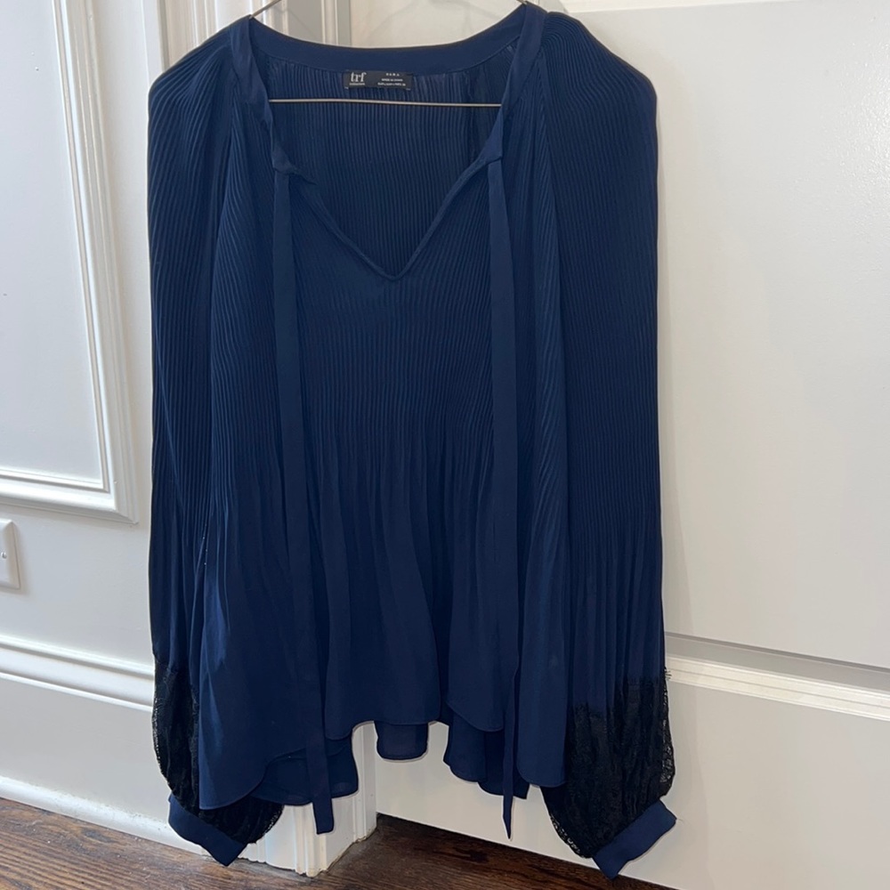 Zara navy blue blouse with lace detail.
